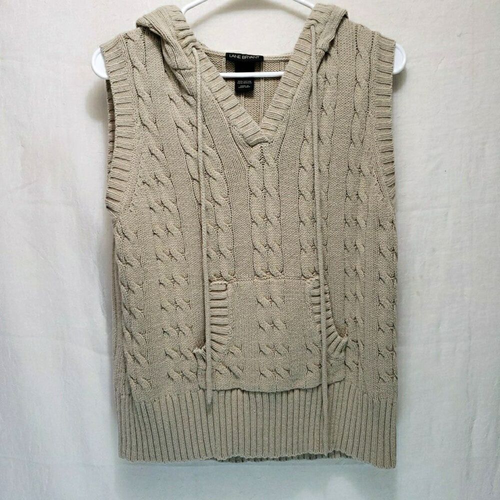 Lane Bryant Cable Knit Sweater Vest Women 14/16 Beige Tan Hooded Kangaroo Pocket